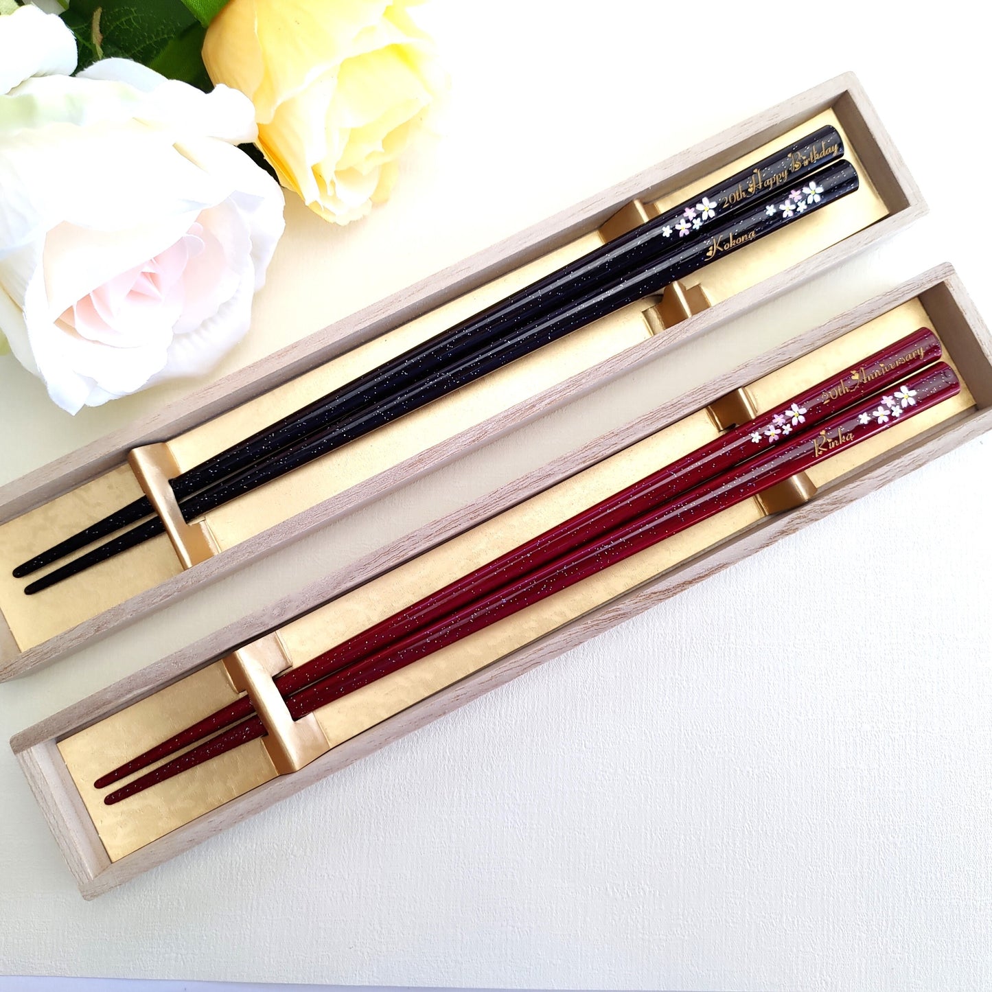 Galaxy flowers Japanese chopsticks black red - SINGLE PAIR WITH ENGRAVED WOODEN BOX SET