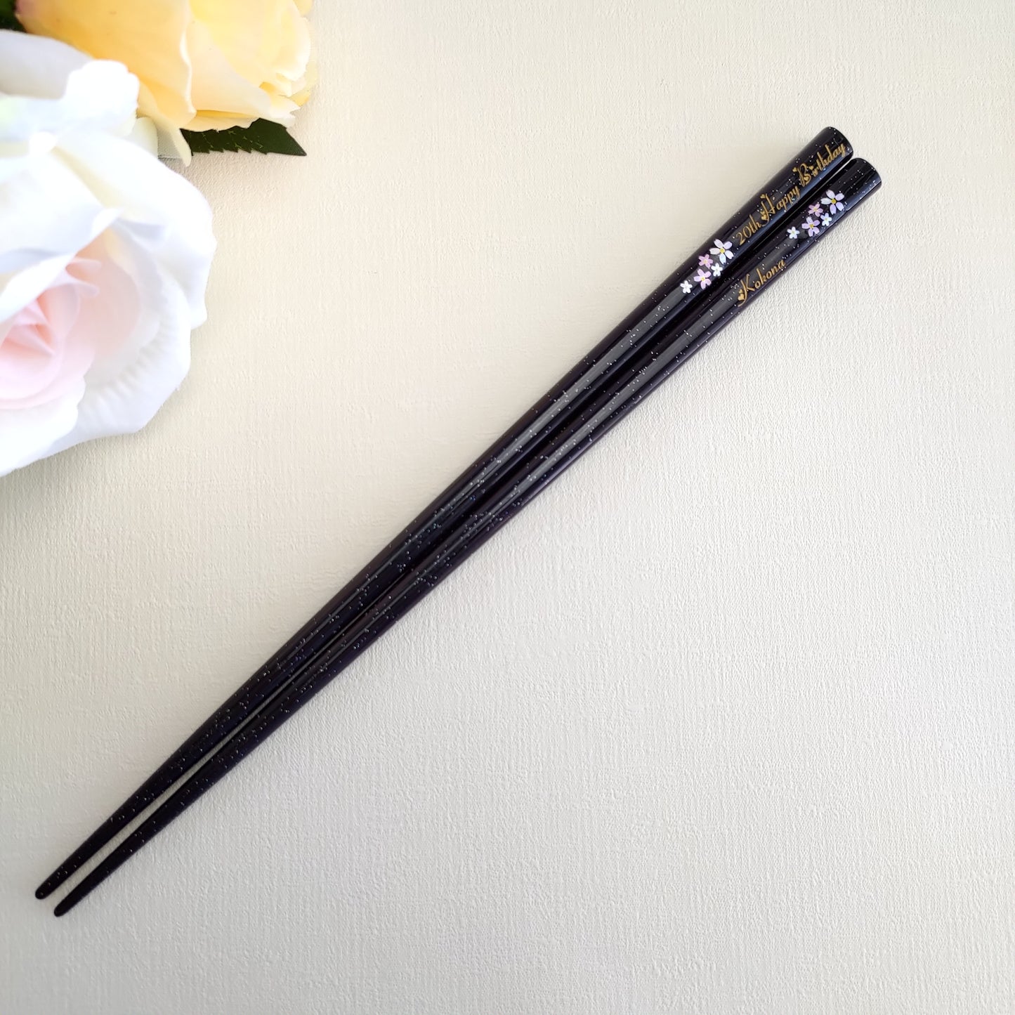 Galaxy flowers Japanese chopsticks black red - SINGLE PAIR WITH ENGRAVED WOODEN BOX SET
