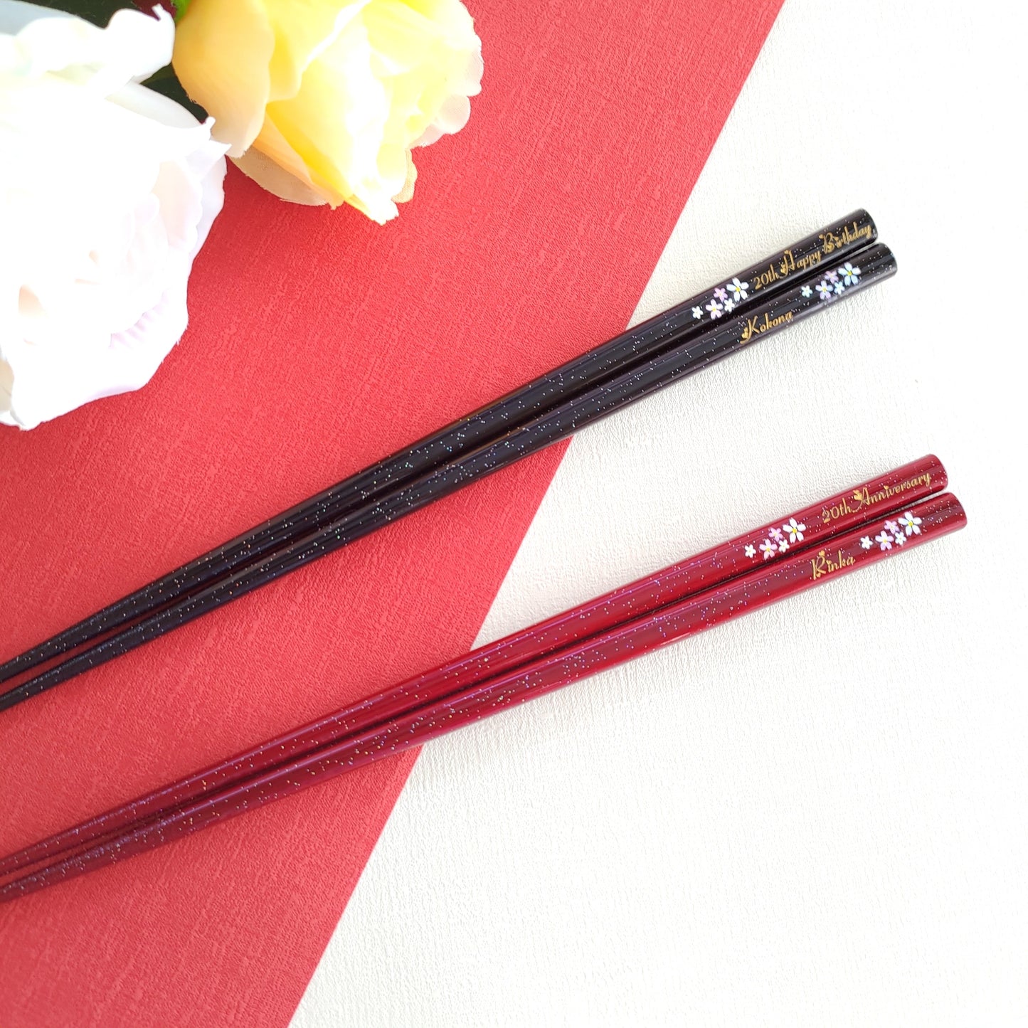 Galaxy flowers Japanese chopsticks black red - SINGLE PAIR WITH ENGRAVED WOODEN BOX SET