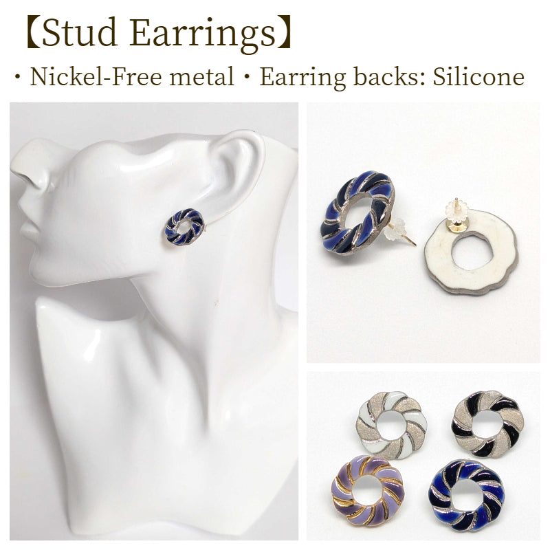 Arita Ware Round Ceramic Earrings | Blue & Black | Handmade in Japan