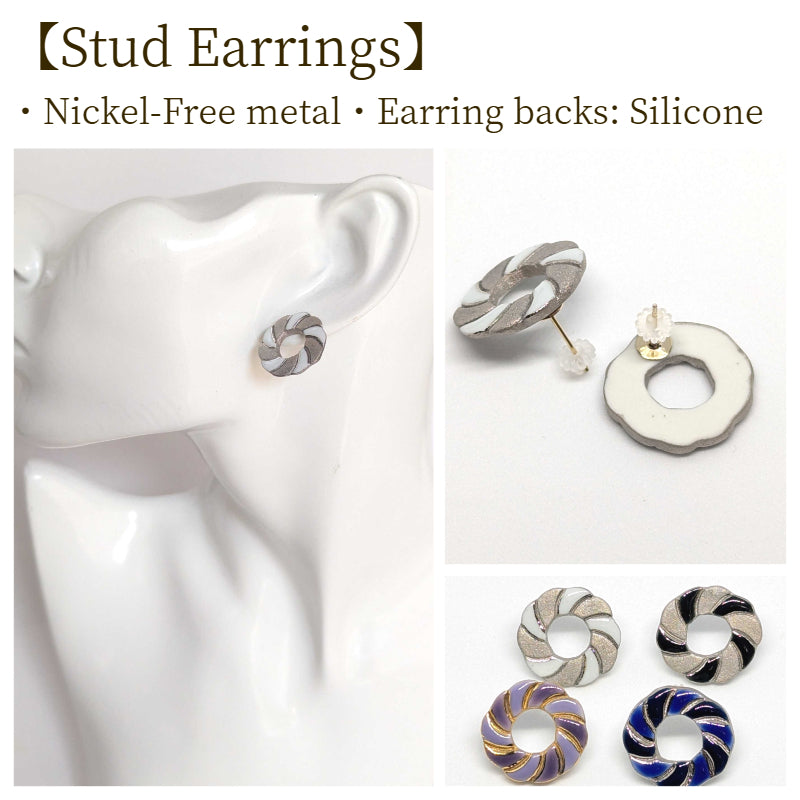 Arita Ware Round Ceramic Earrings | White & Silver | Handmade in Japan