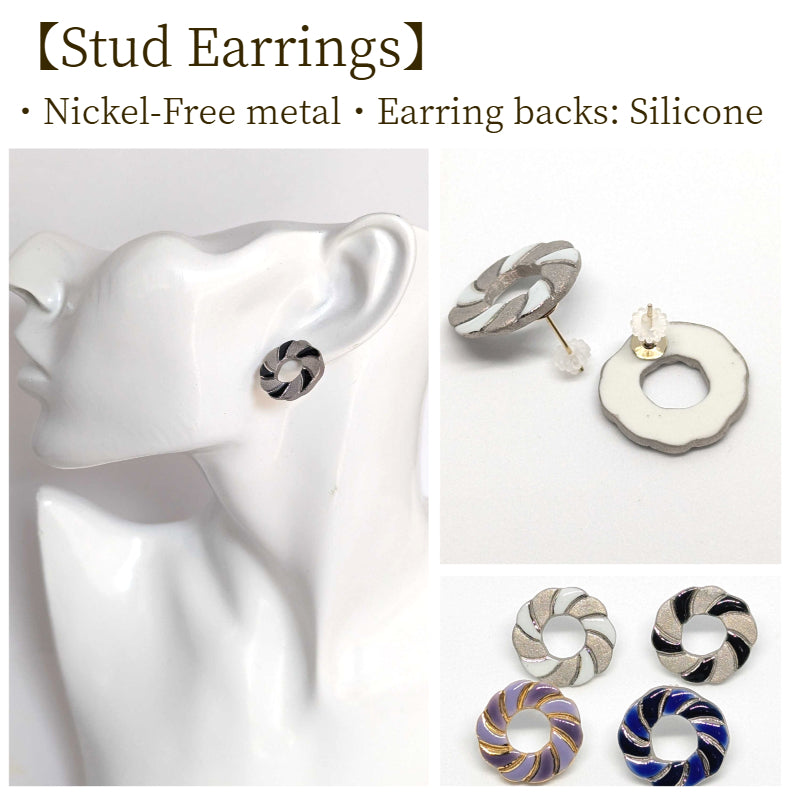 Arita Ware Round Ceramic Earrings | Black & Silver | Handmade in Japan