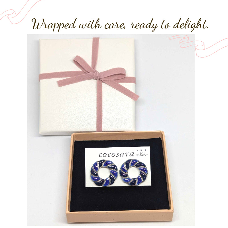 Arita Ware Round Ceramic Earrings | Blue & Black | Handmade in Japan