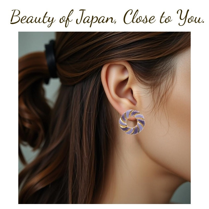 Arita Ware Round Ceramic Earrings | Purple & Gold | Handmade in Japan