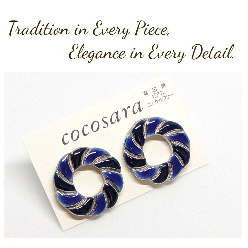 Arita Ware Round Ceramic Earrings | Blue & Black | Handmade in Japan