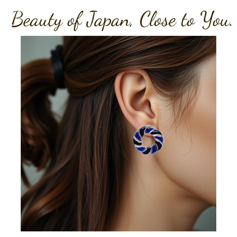 Arita Ware Round Ceramic Earrings | Blue & Black | Handmade in Japan