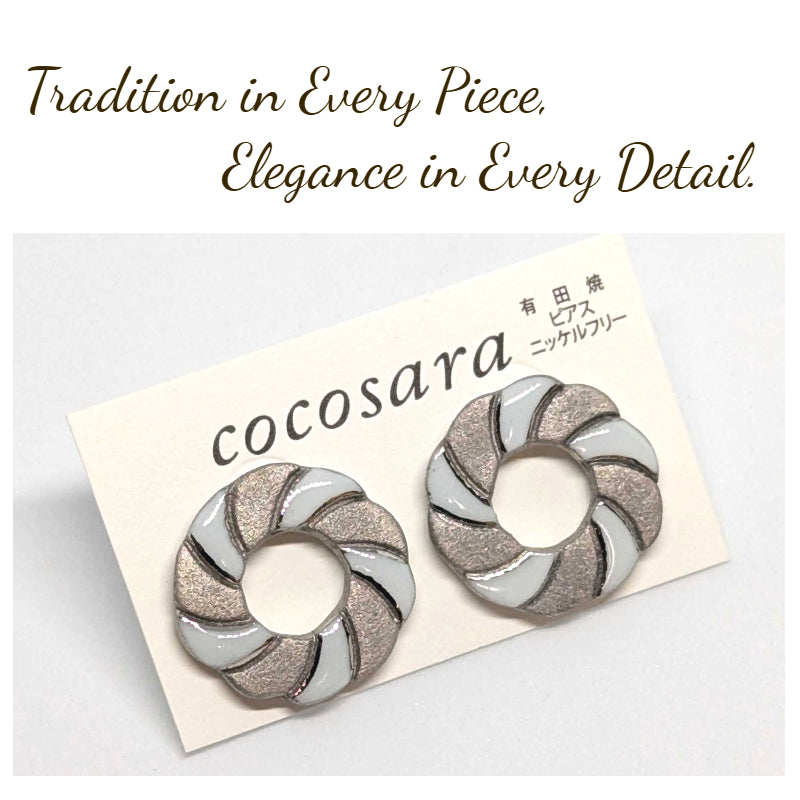 Arita Ware Round Ceramic Earrings | White & Silver | Handmade in Japan