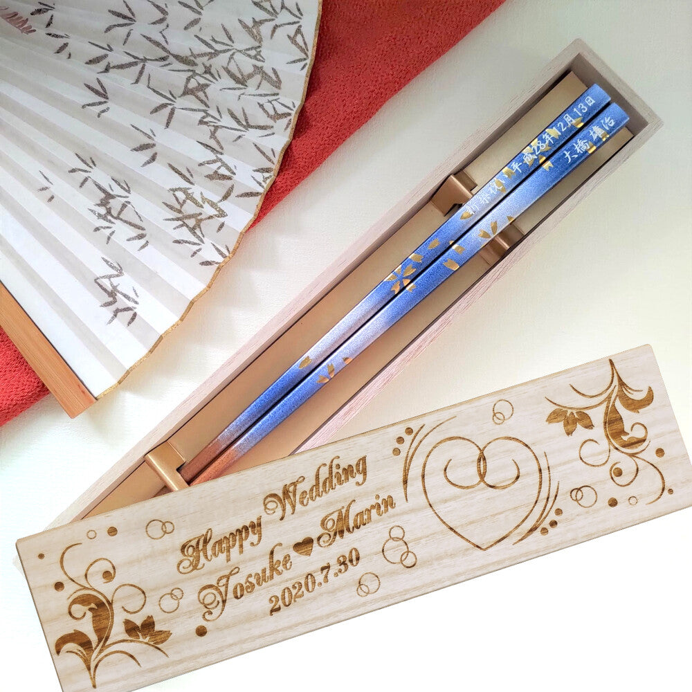 Spring Breeze Japanese Chopsticks blue pink - SINGLE PAIR WITH ENGRAVED WOODEN BOX SET