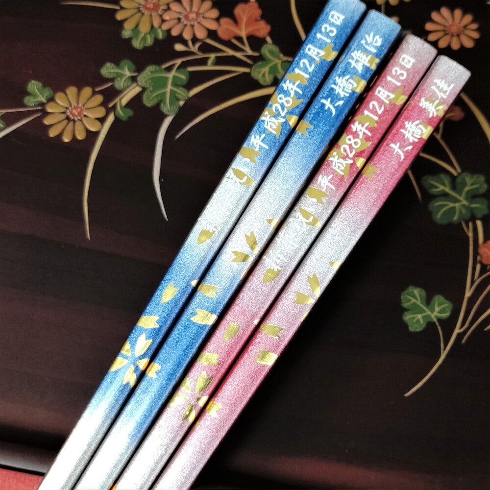 Spring Breeze Japanese Chopsticks blue pink - DOUBLE PAIR WITH ENGRAVED WOODEN BOX SET