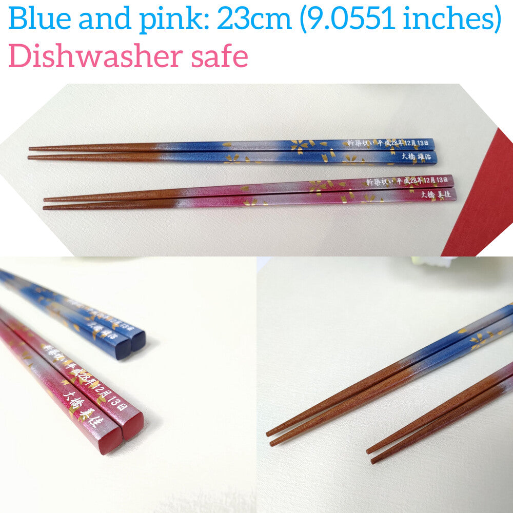 Spring Breeze Japanese Chopsticks blue pink - DOUBLE PAIR WITH ENGRAVED WOODEN BOX SET