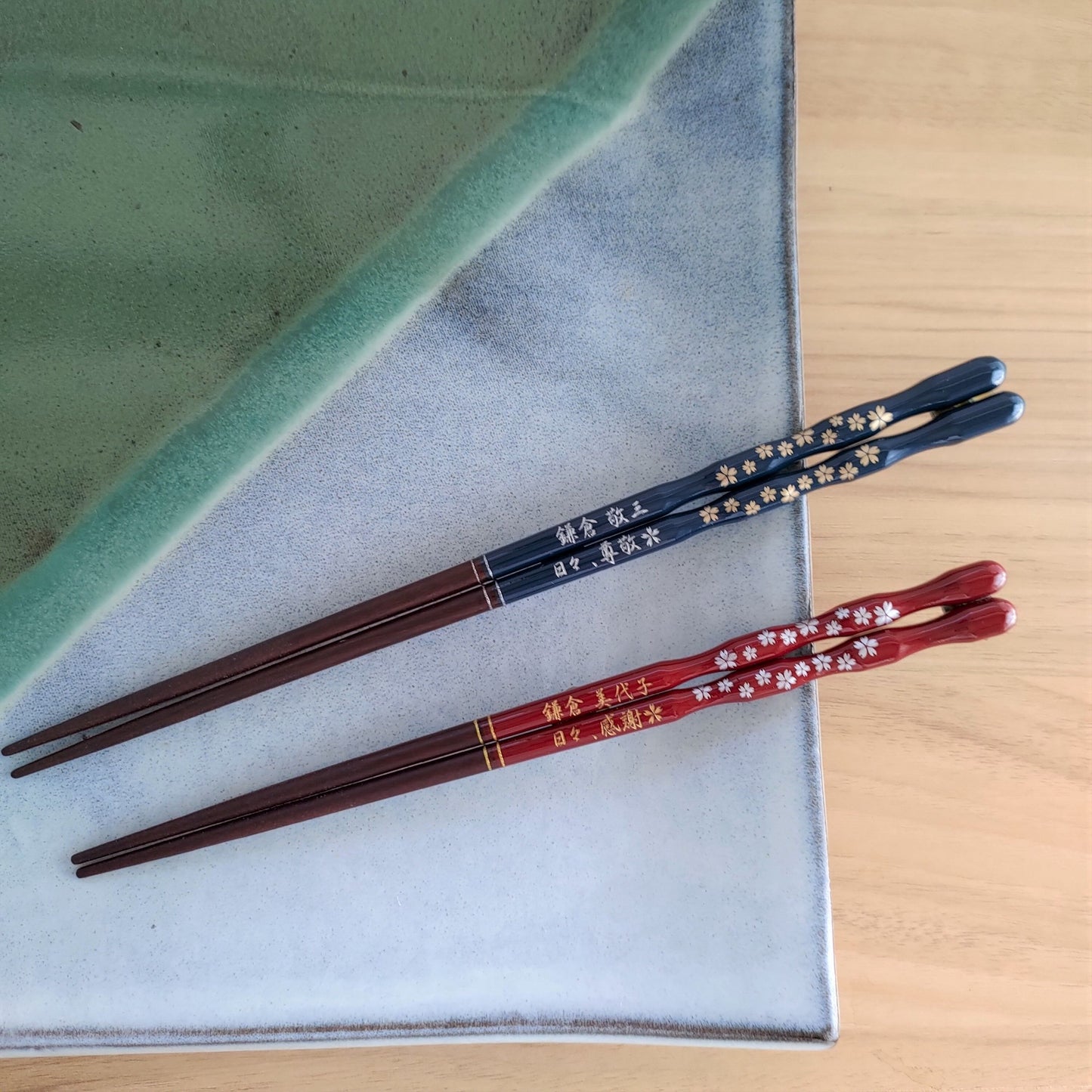 Gold and silver cherry blossoms Japanese chopsticks blue red - SINGLE PAIR