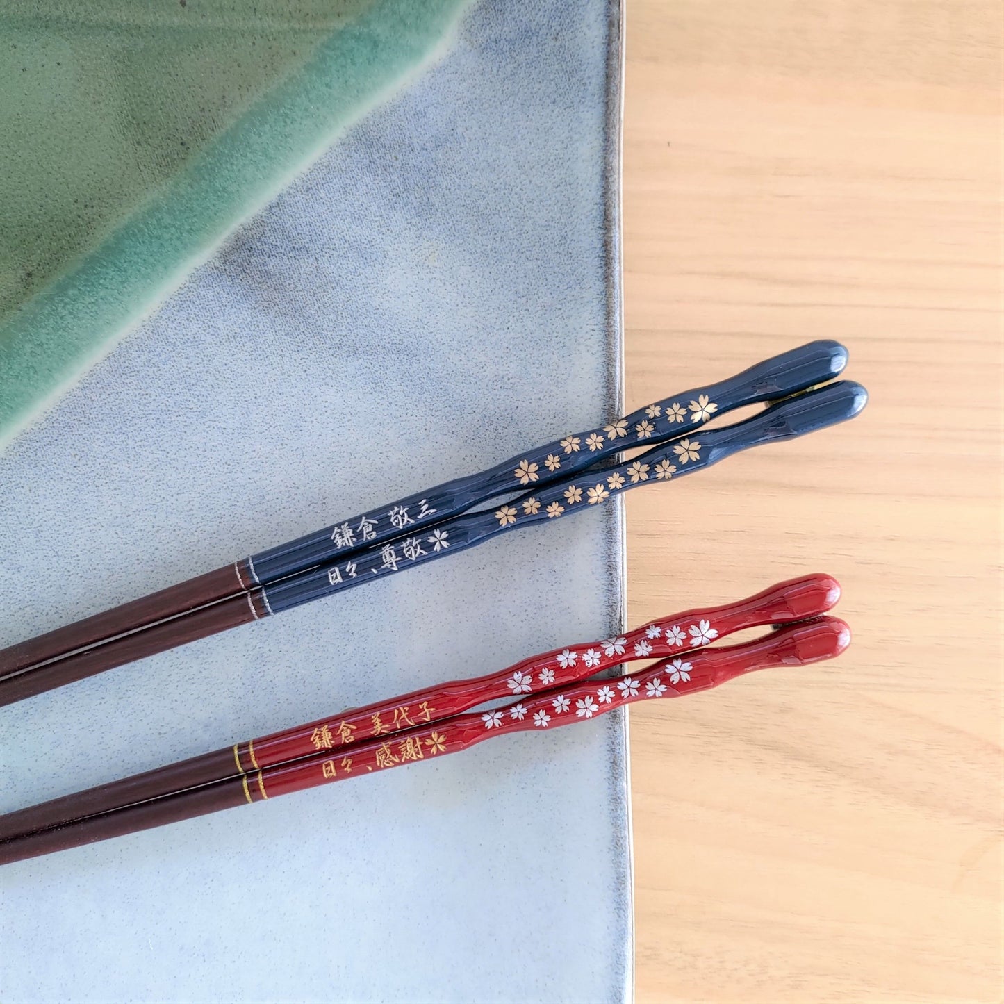 Gold and silver cherry blossoms Japanese chopsticks blue red - SINGLE PAIR WITH ENGRAVED WOODEN BOX SET