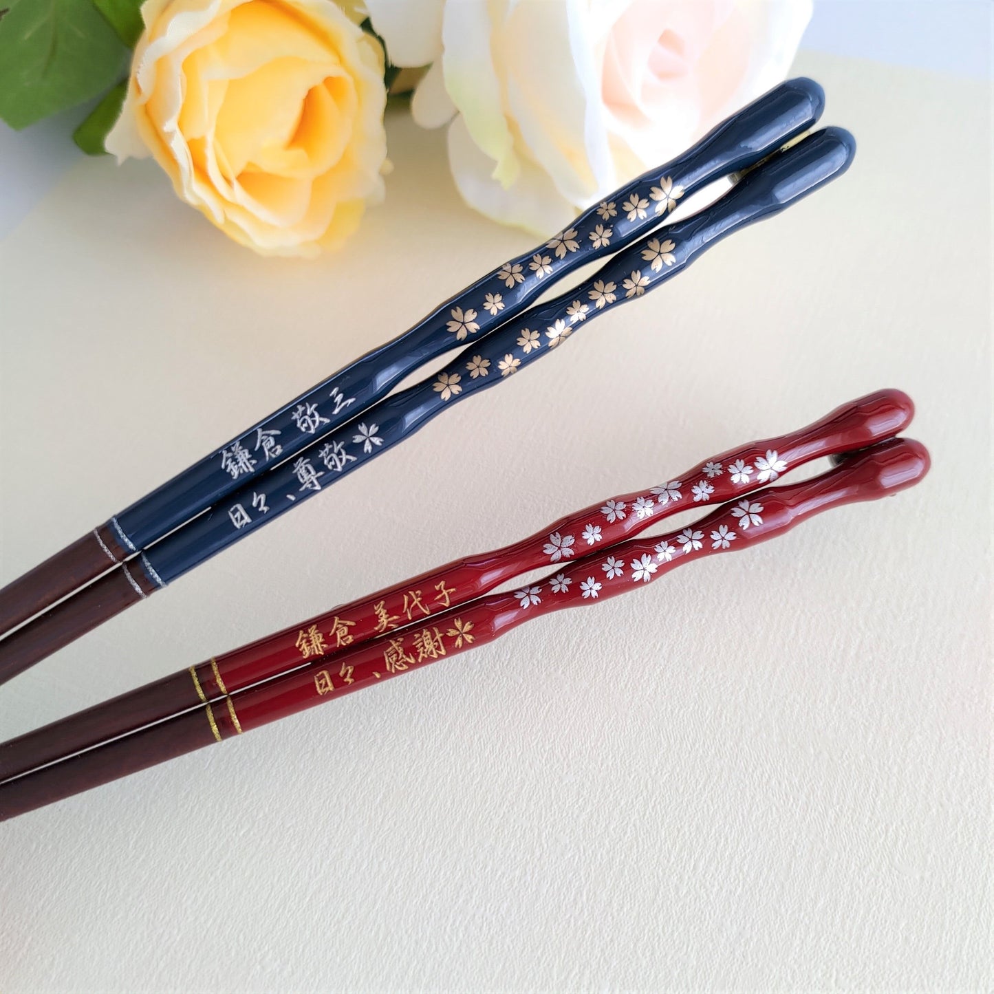 Gold and silver cherry blossoms Japanese chopsticks blue red - DOUBLE PAIR