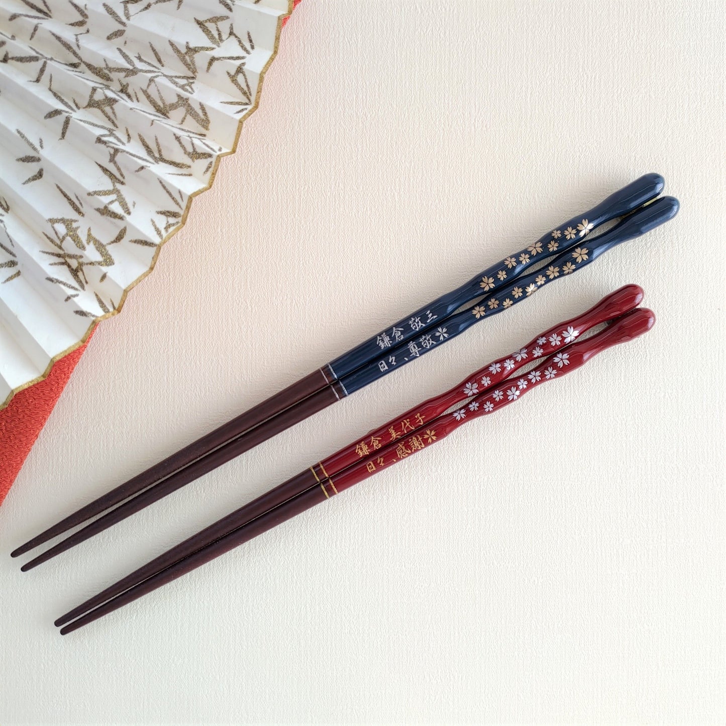 Gold and silver cherry blossoms Japanese chopsticks blue red - DOUBLE PAIR