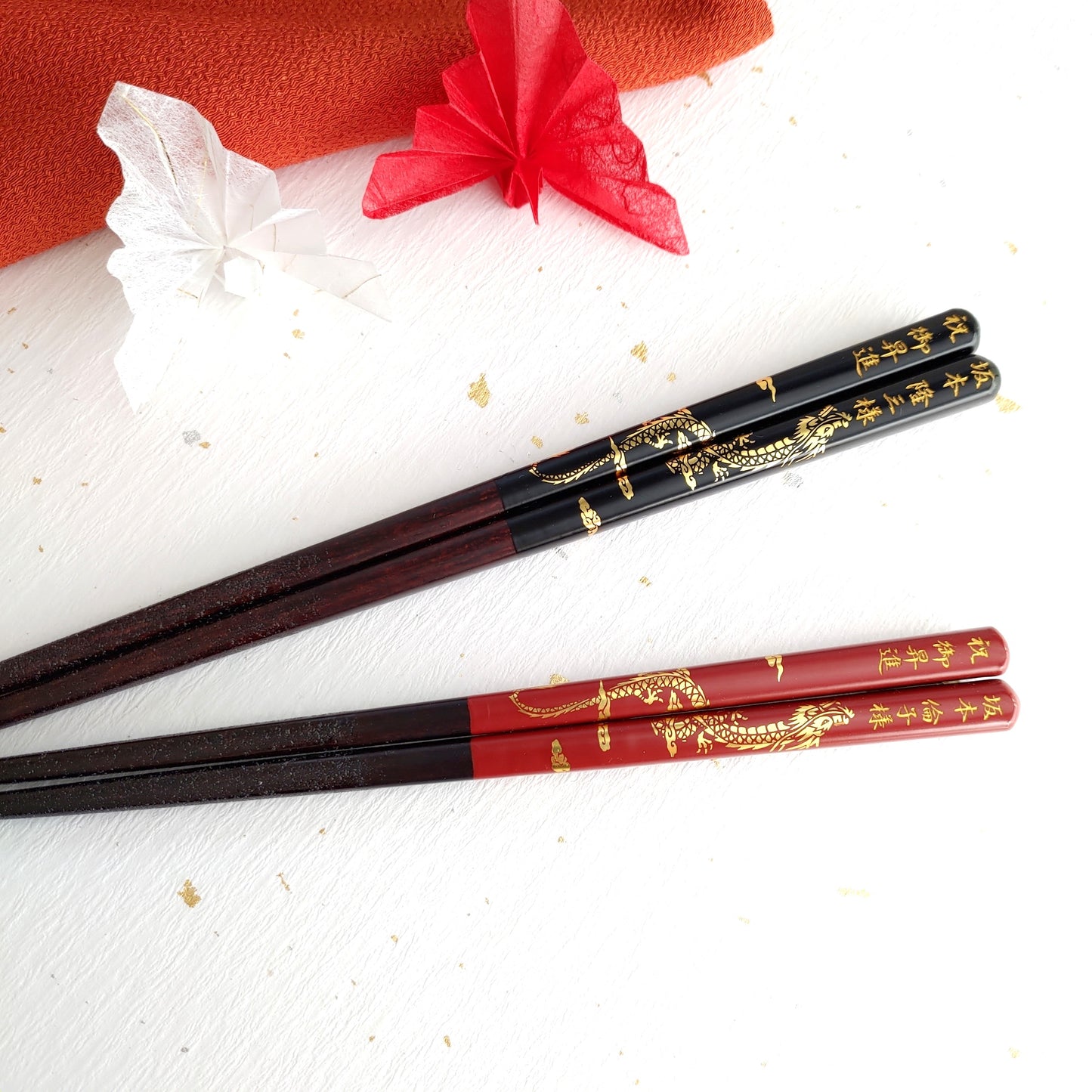 Awesome Japanese chopsticks with gold dragon floating in the clouds black red - DOUBLE PAIR
