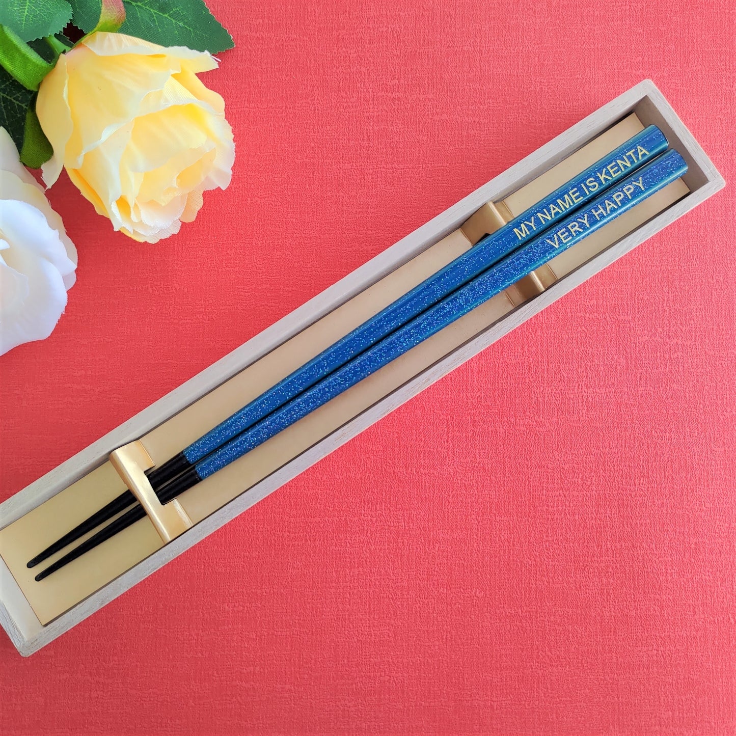 Shiny stars Japanese chopsticks blue red purple - SINGLE PAIR WITH ENGRAVED WOODEN BOX SET