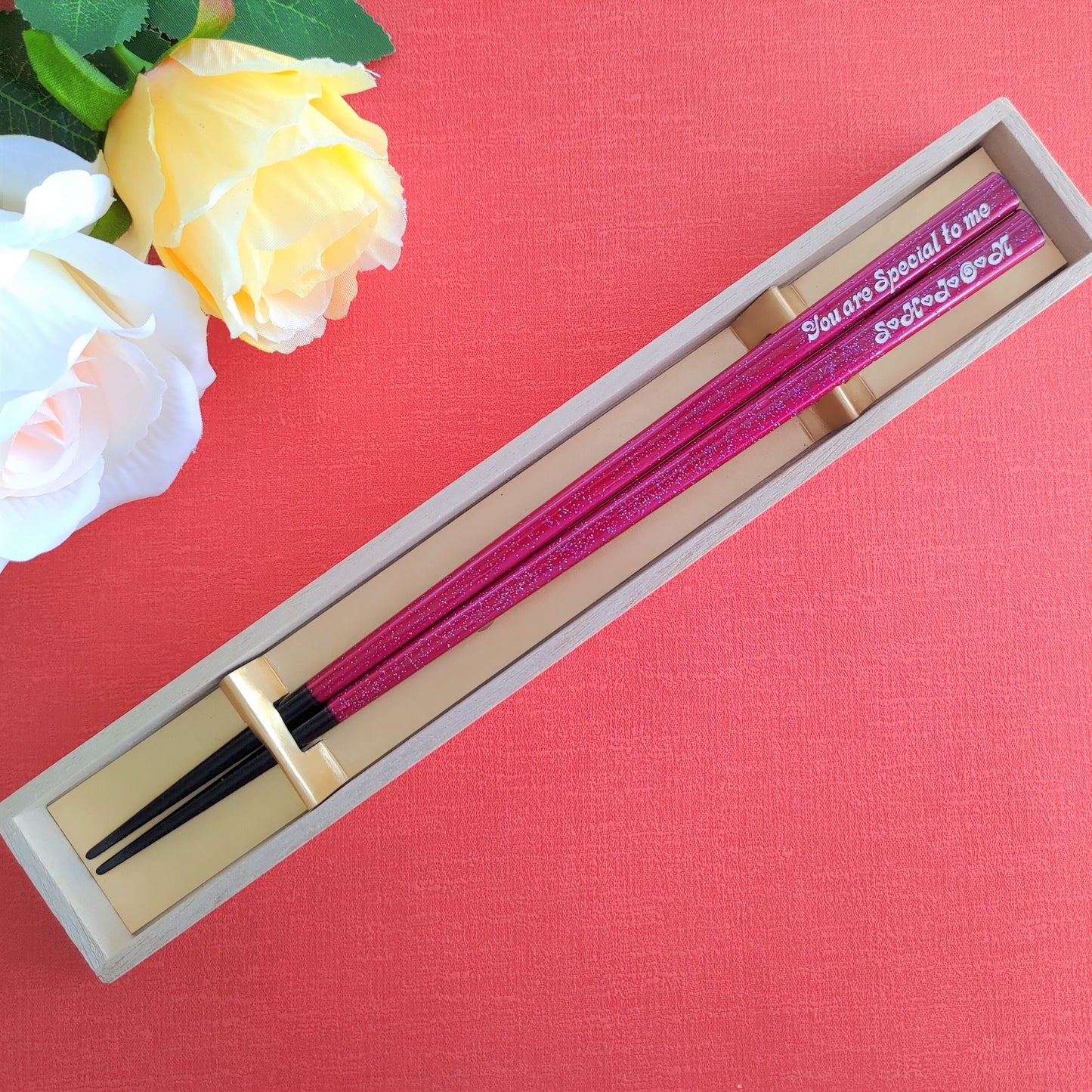 Shiny stars Japanese chopsticks blue red purple - SINGLE PAIR WITH ENGRAVED WOODEN BOX SET