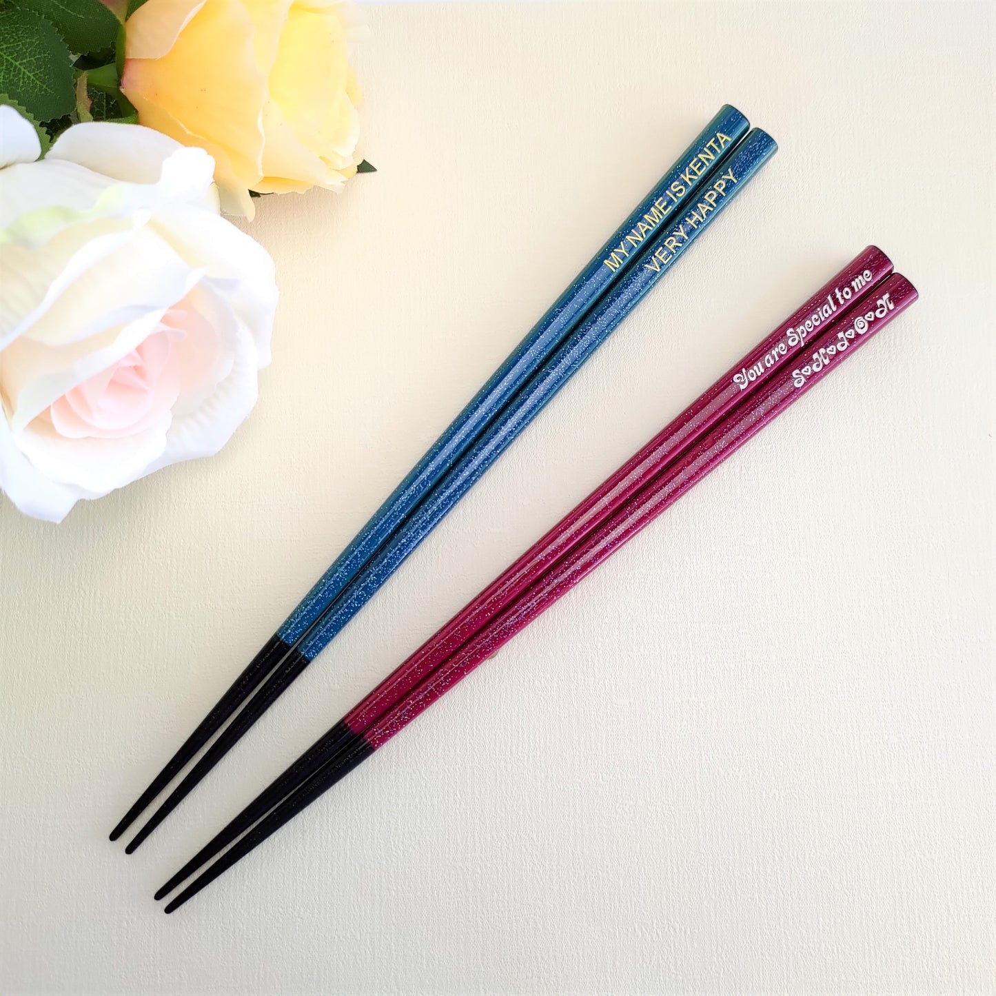 Shiny stars Japanese chopsticks blue red purple - DOUBLE PAIR WITH ENGRAVED WOODEN BOX SET