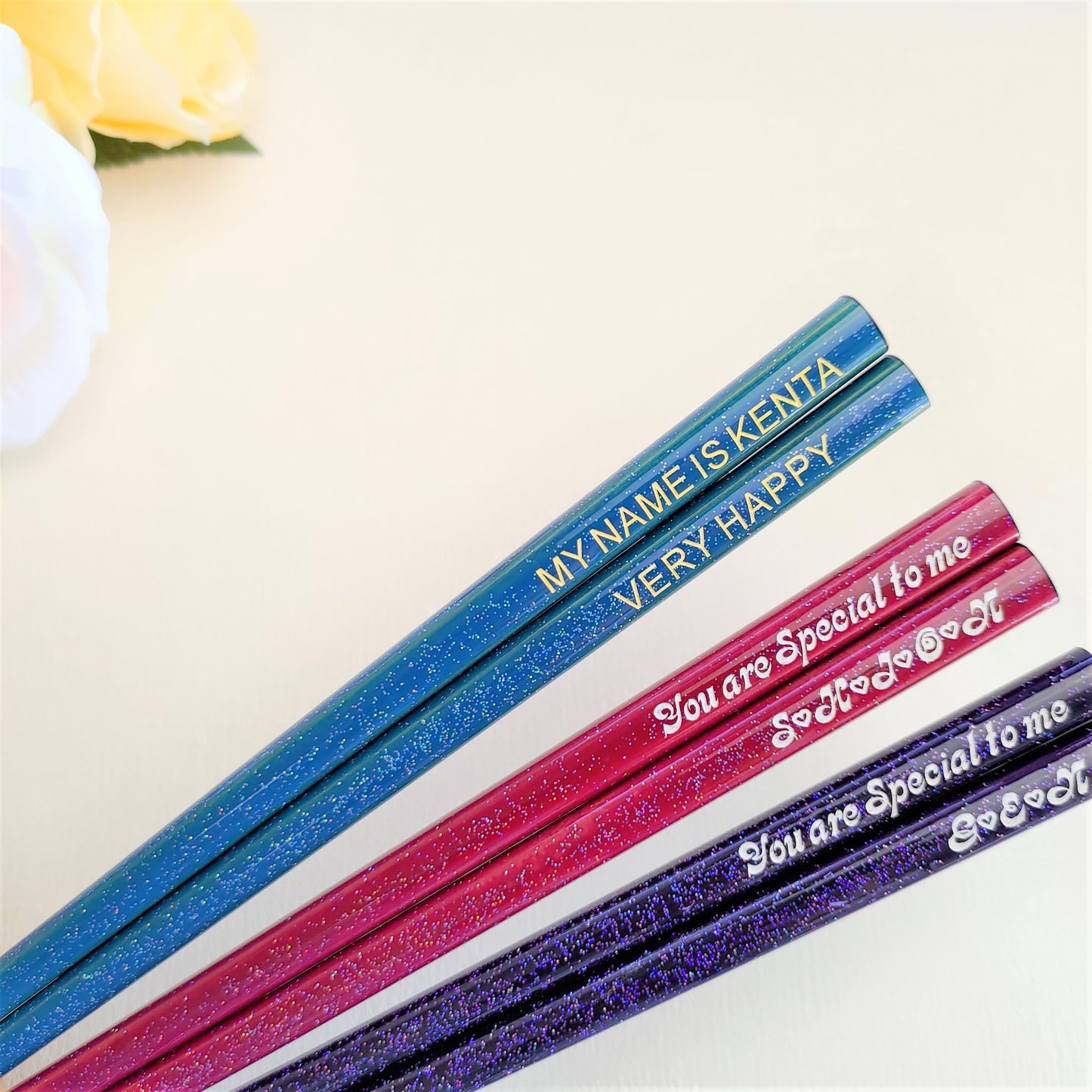Shiny stars Japanese chopsticks blue red purple - DOUBLE PAIR WITH ENGRAVED WOODEN BOX SET