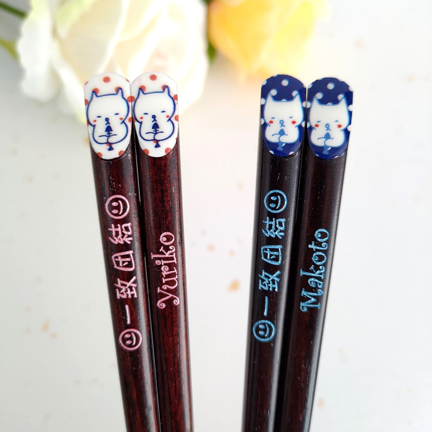 Cute Japanese chopsticks with shy cat blue red - DOUBLE PAIR WITH ENGRAVED WOODEN BOX SET