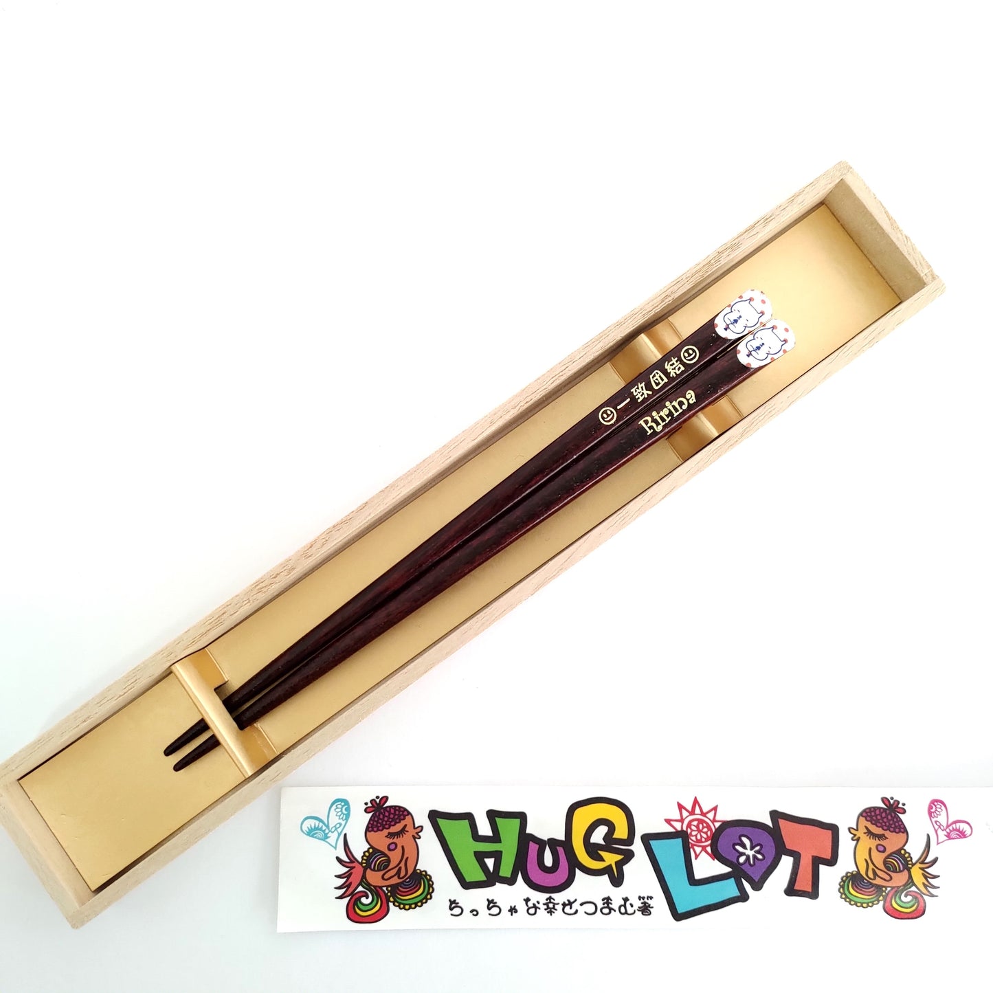 Cute Japanese chopsticks for kids with shy cat blue red - SINGLE PAIR WITH ENGRAVED WOODEN BOX SET