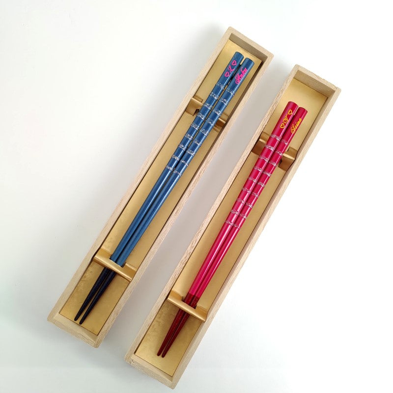 Colourful Japanese chopsticks with silver line - SINGLE PAIR WITH ENGRAVED WOODEN BOX SET