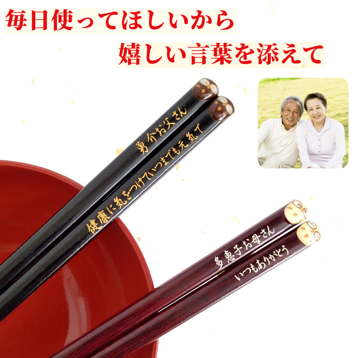 Lucky Owls Japanese chopsticks brown white - SINGLE PAIR WITH ENGRAVED WOODEN BOX SET