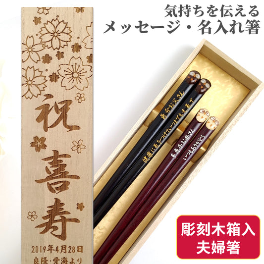 Lucky Owls Japanese chopsticks brown white - DOUBLE PAIR WITH ENGRAVED WOODEN BOX SET