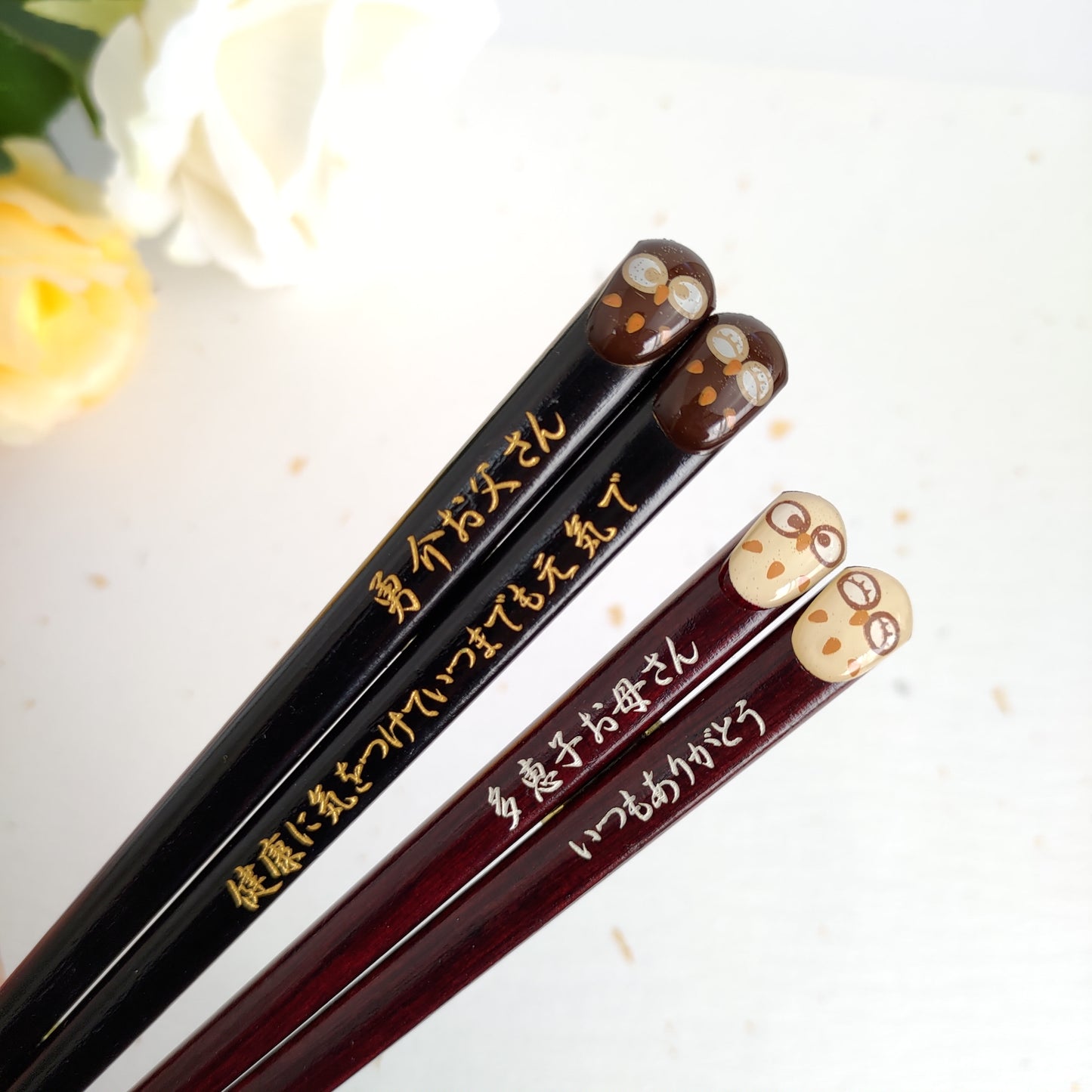 Lucky Owls Japanese chopsticks brown white - DOUBLE PAIR WITH ENGRAVED WOODEN BOX SET