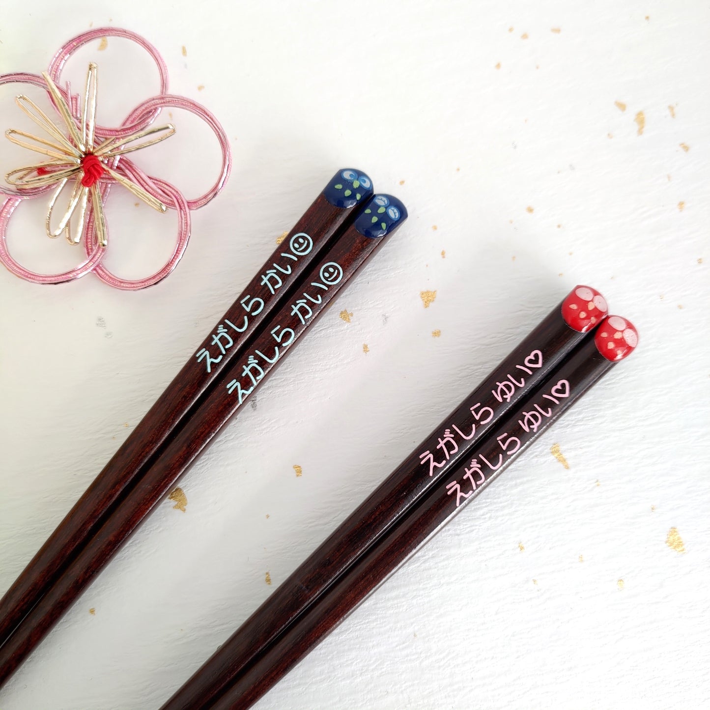 Kid's Lucky Owls Japanese chopsticks blue red - SINGLE PAIR WITH ENGRAVED WOODEN BOX SET