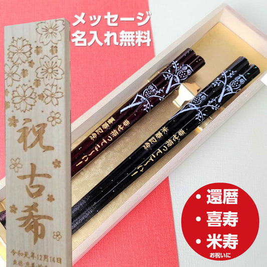 Elegant Japanese chopsticks crowned with owl black red - DOUBLE PAIR WITH ENGRAVED WOODEN BOX SET