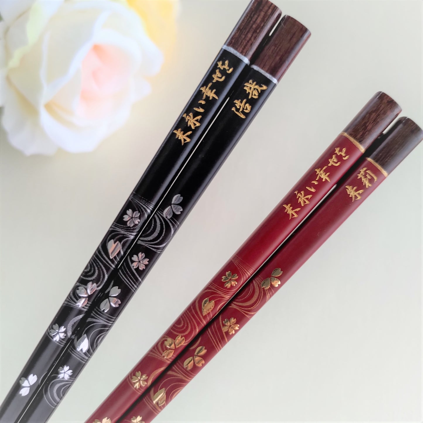 Elegant Japanese chopsticks with cherry blossoms on river stream black red - SINGLE PAIR