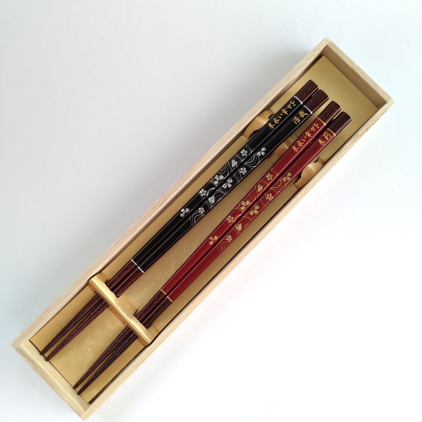 Elegant Japanese chopsticks with cherry blossoms on river stream black red - DOUBLE PAIR WITH ENGRAVED WOODEN BOX SET