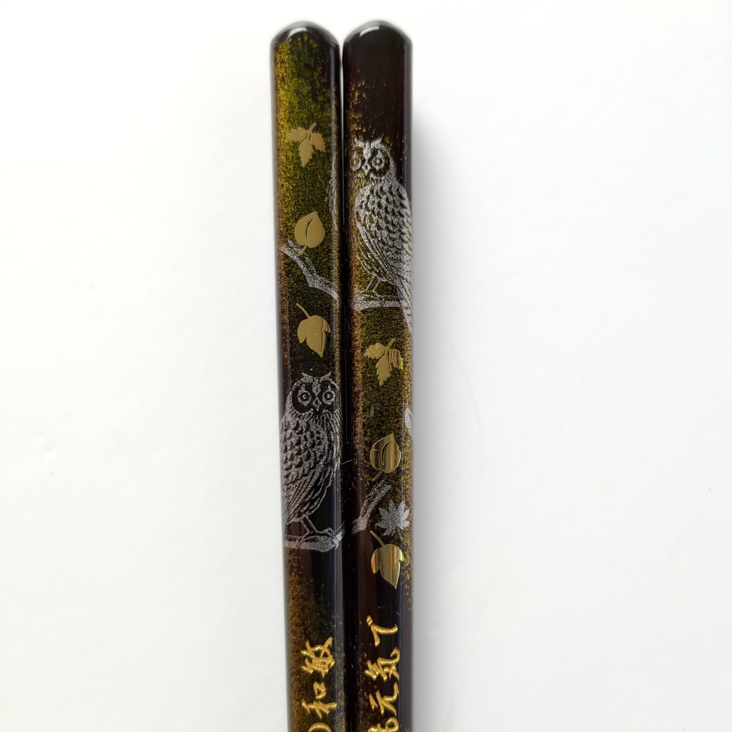 Luxury gold leaves and owls Japanese chopsticks green red - DOUBLE PAIR