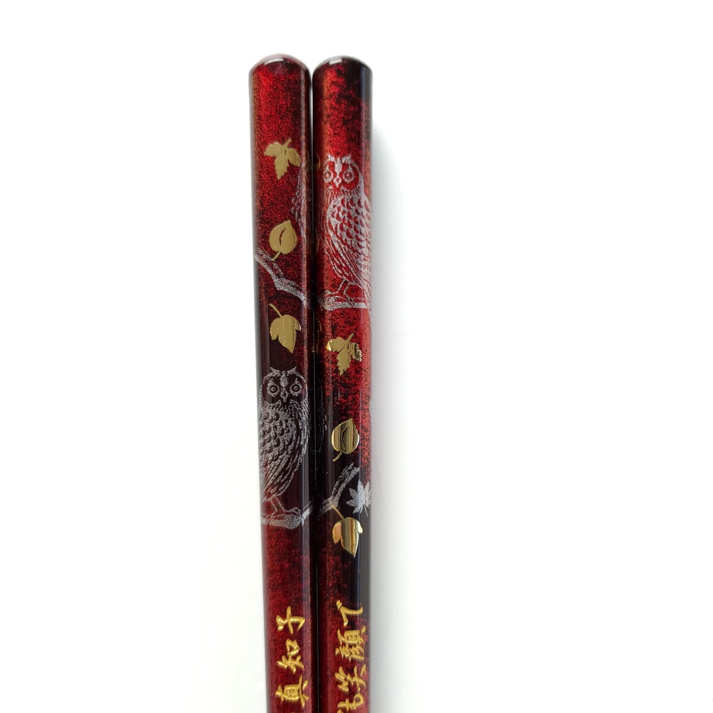 Luxury gold leaves and owls Japanese chopsticks green red - DOUBLE PAIR WITH ENGRAVED WOODEN BOX SET