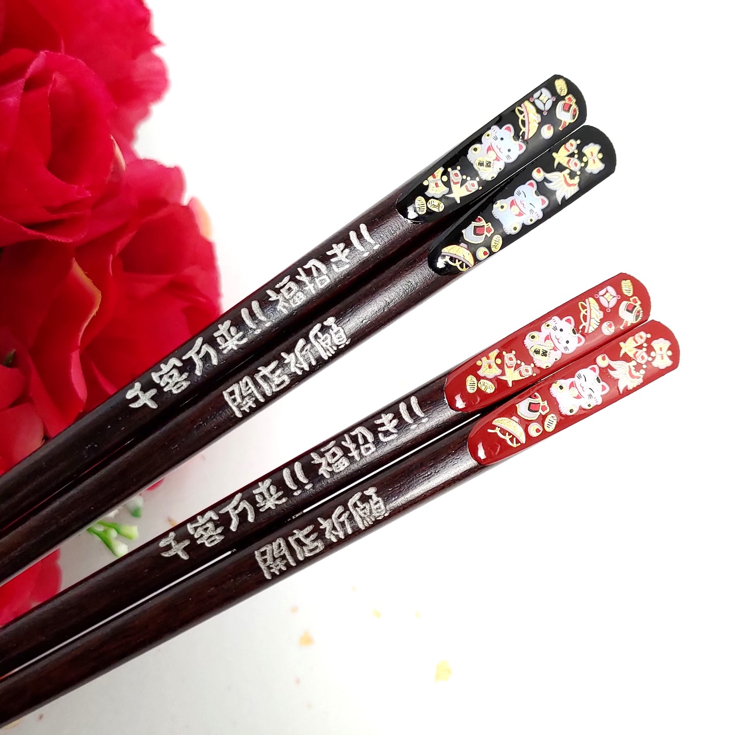 Lucky cat Japanese chopsticks black red - SINGLE PAIR WITH ENGRAVED WOODEN BOX SET