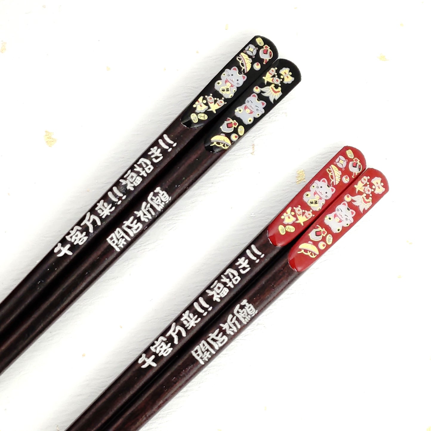 Lucky cat Japanese chopsticks black red - DOUBLE PAIR