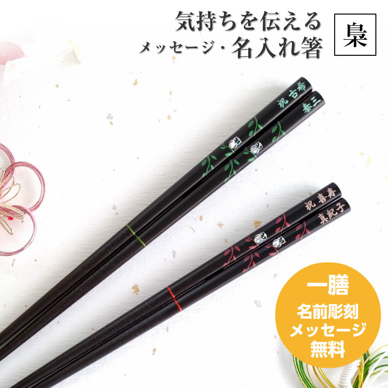 Cute Japanese chopsticks with little shiny owl green red - SINGLE PAIR