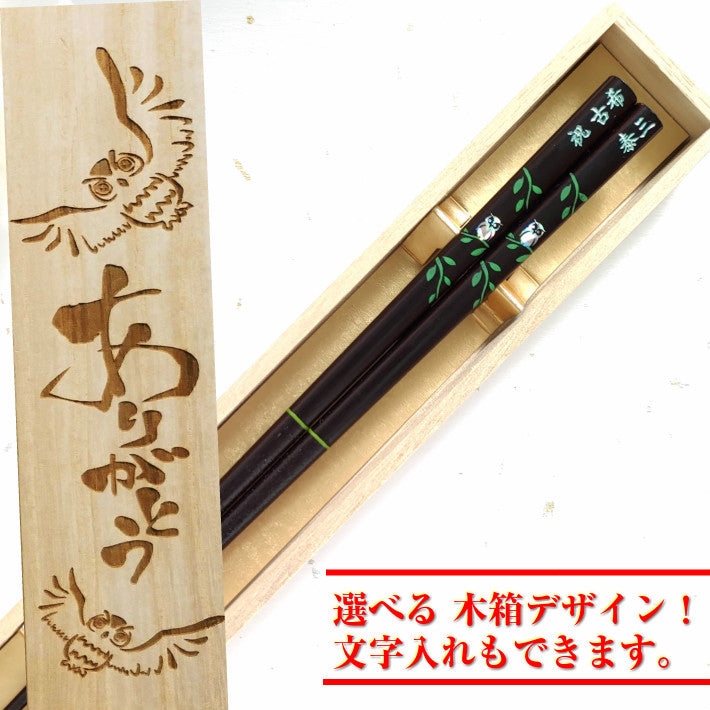Cute Japanese chopsticks with little shiny owl green red - SINGLE PAIR WITH ENGRAVED WOODEN BOX SET