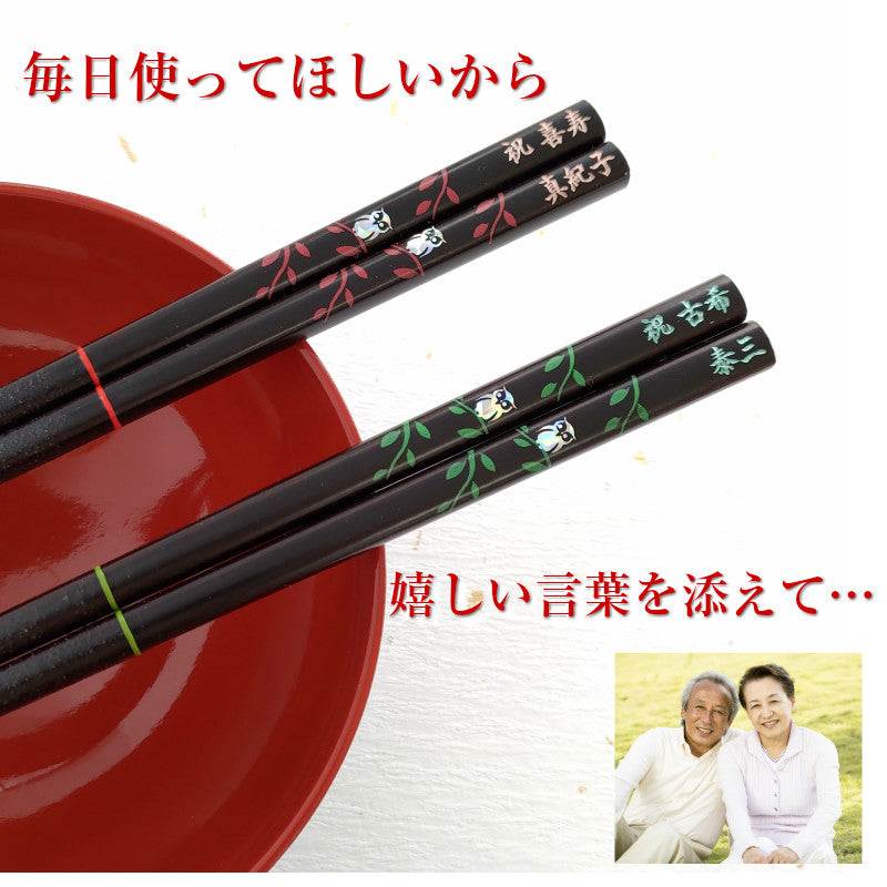 Cute Japanese chopsticks with little shiny owl green red - SINGLE PAIR WITH ENGRAVED WOODEN BOX SET