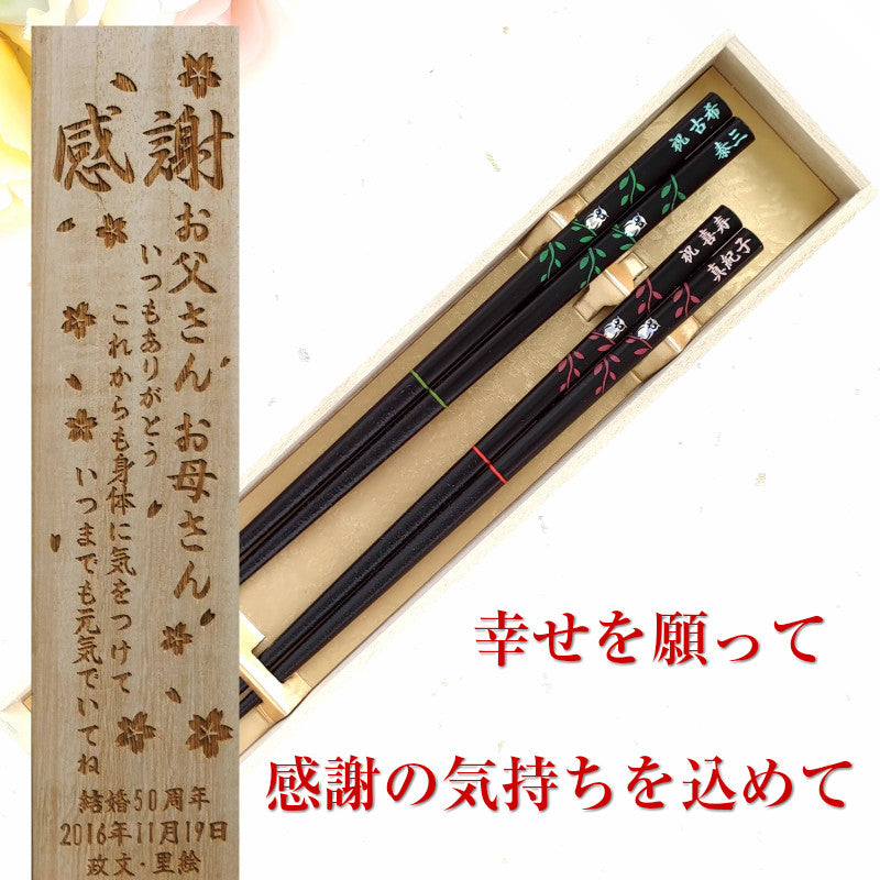 Cute Japanese chopsticks with little shiny owl green red - DOUBLE PAIR WITH ENGRAVED WOODEN BOX SET