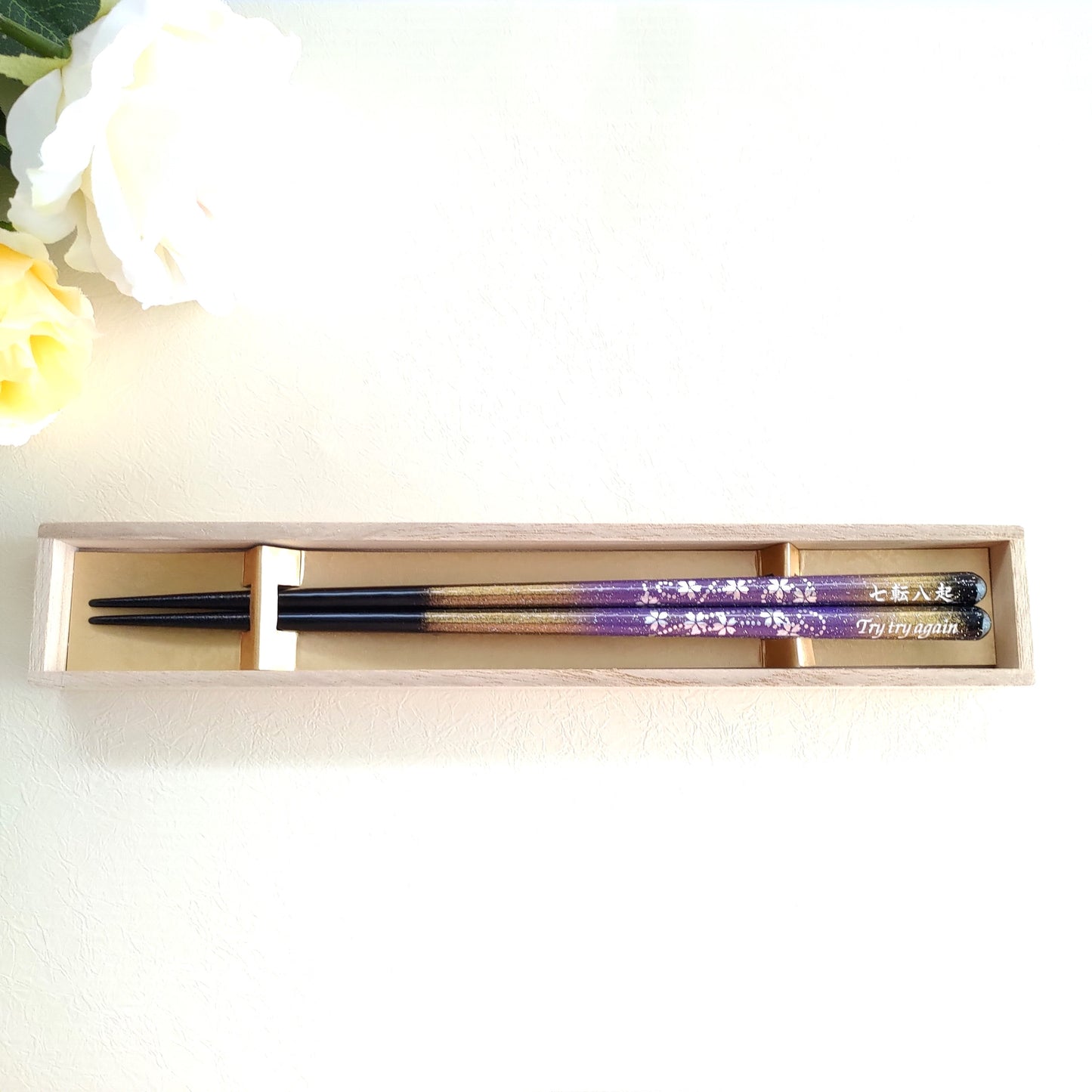 Silver blossoms dance Japanese chopsticks black red - SINGLE PAIR WITH ENGRAVED WOODEN BOX SET
