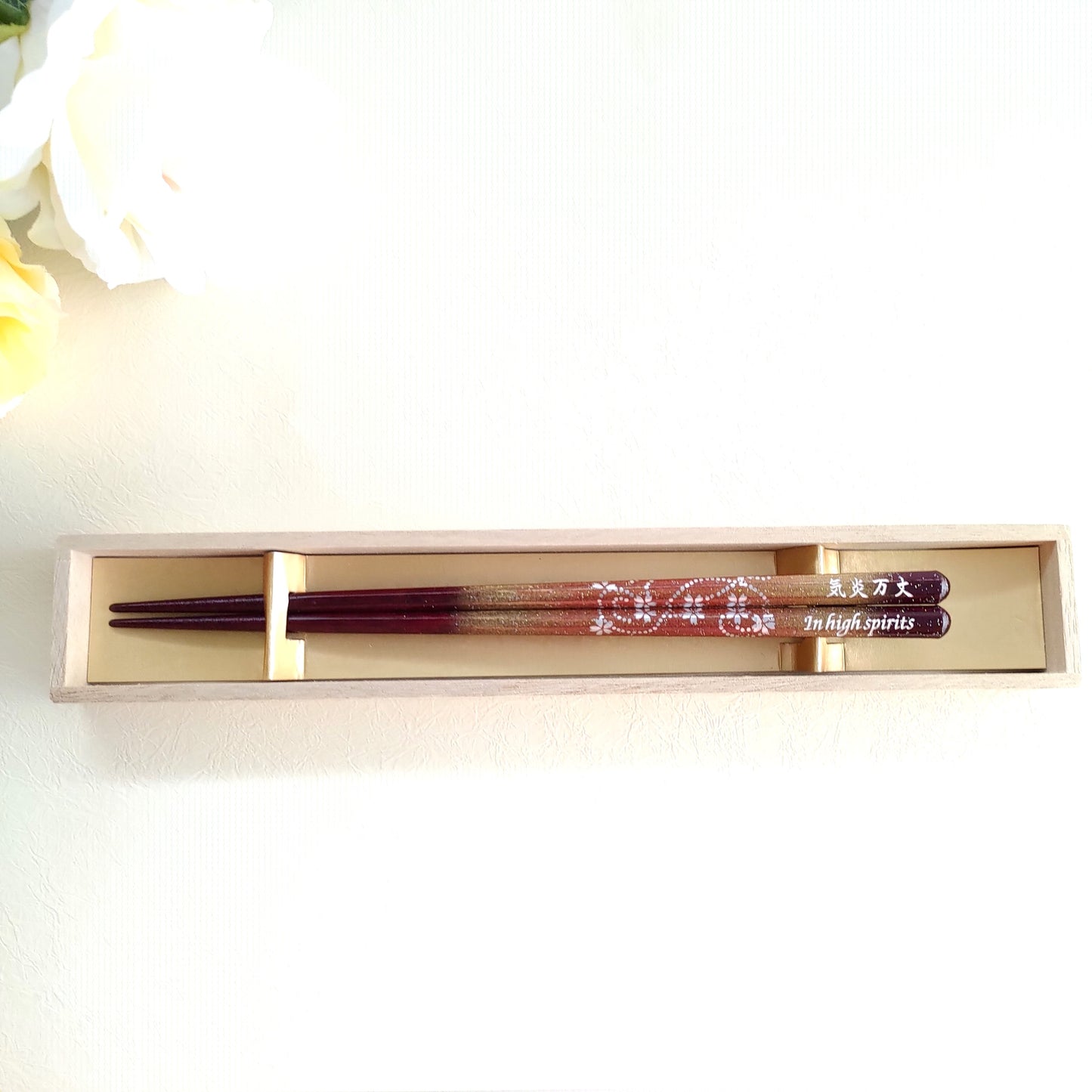 Silver blossoms dance Japanese chopsticks black red - SINGLE PAIR WITH ENGRAVED WOODEN BOX SET