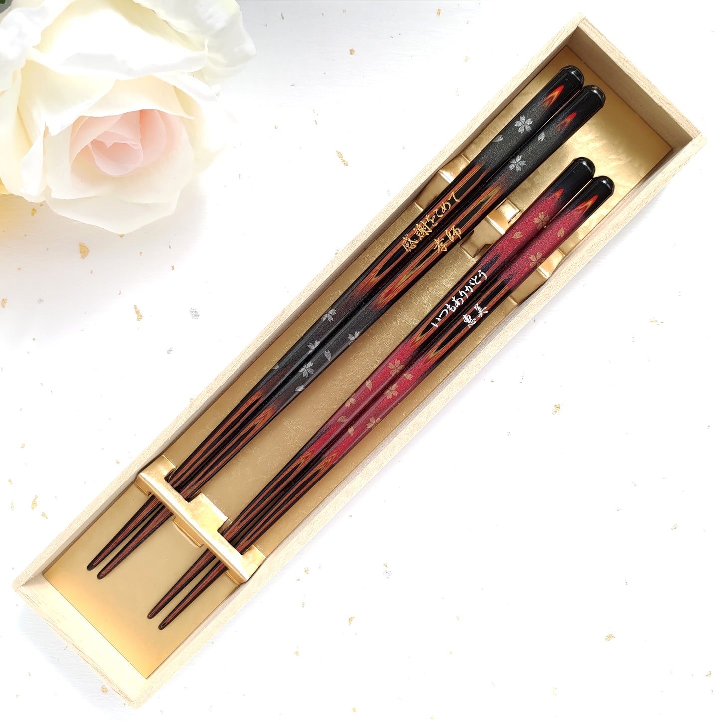 Immortal cherry blossoms Japanese chopsticks black red - DOUBLE PAIR WITH ENGRAVED WOODEN BOX SET