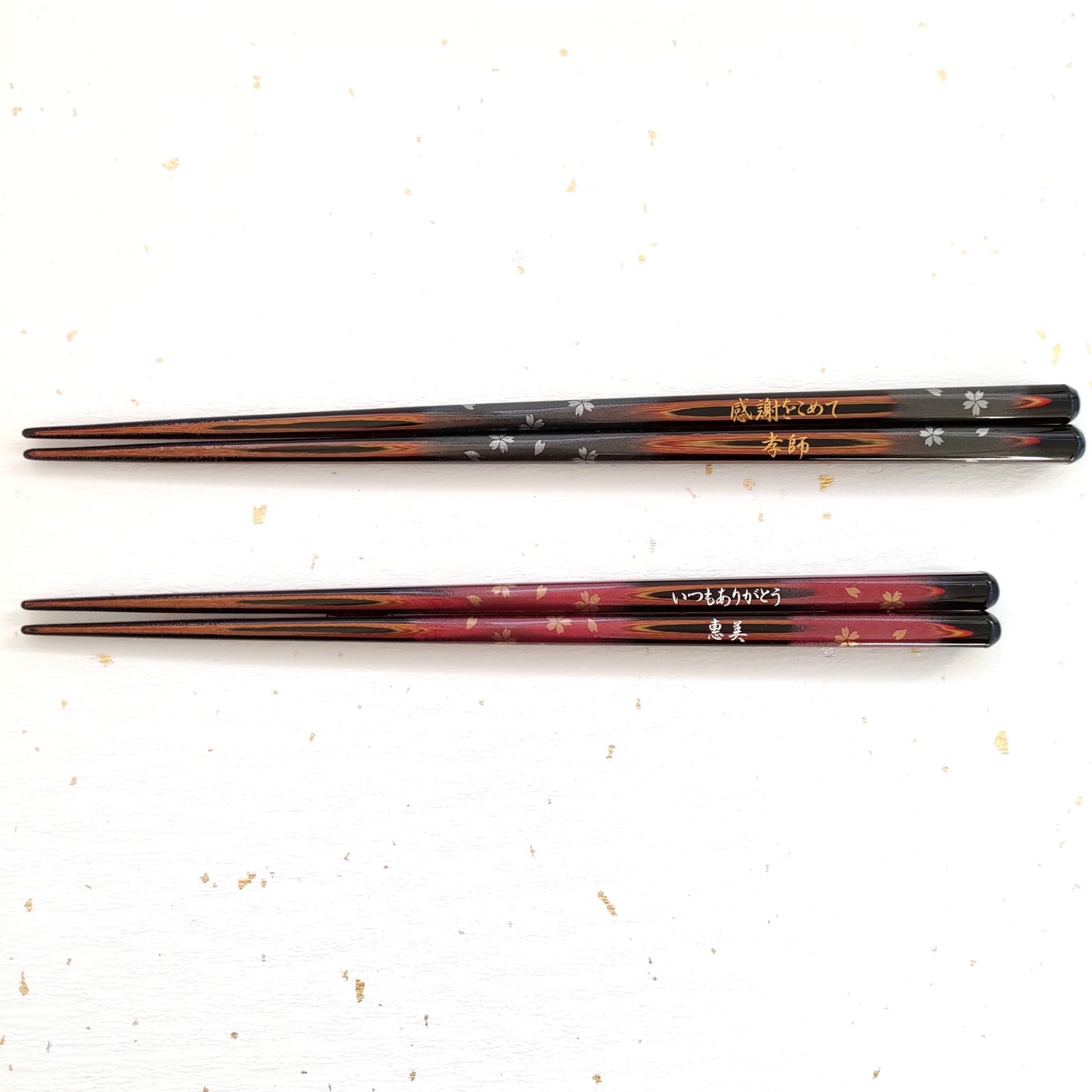 Immortal cherry blossoms Japanese chopsticks black red - DOUBLE PAIR WITH ENGRAVED WOODEN BOX SET