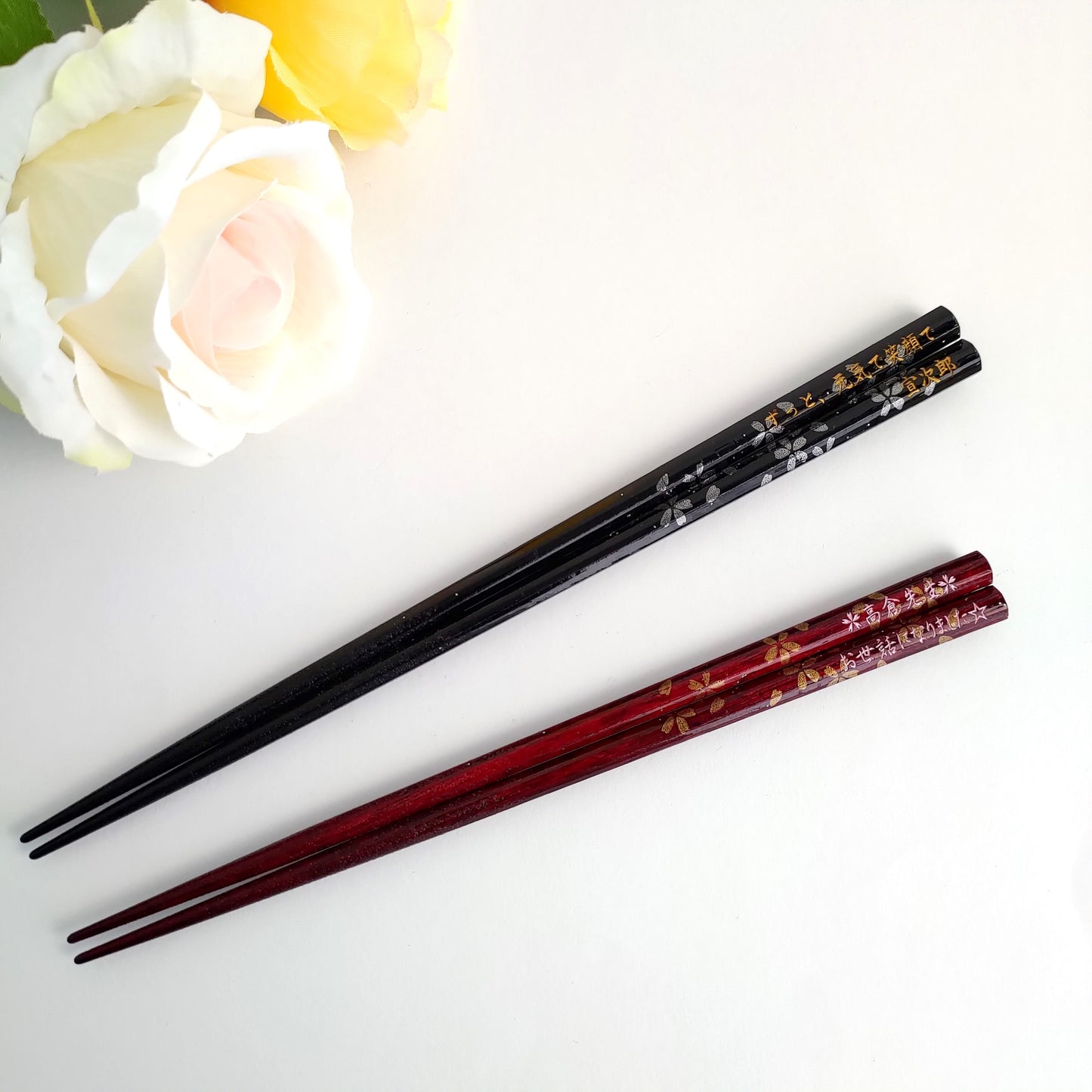 Octagonal cherry blossoms Japanese chopstick black red - DOUBLE PAIR WITH ENGRAVED WOODEN BOX SET