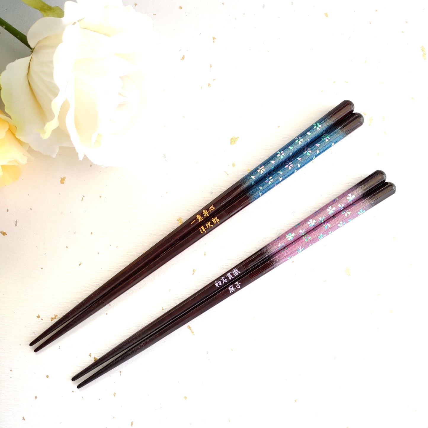 Blurred magic flowers cherry blossoms Japanese chopsticks blue pink - DOUBLE PAIR