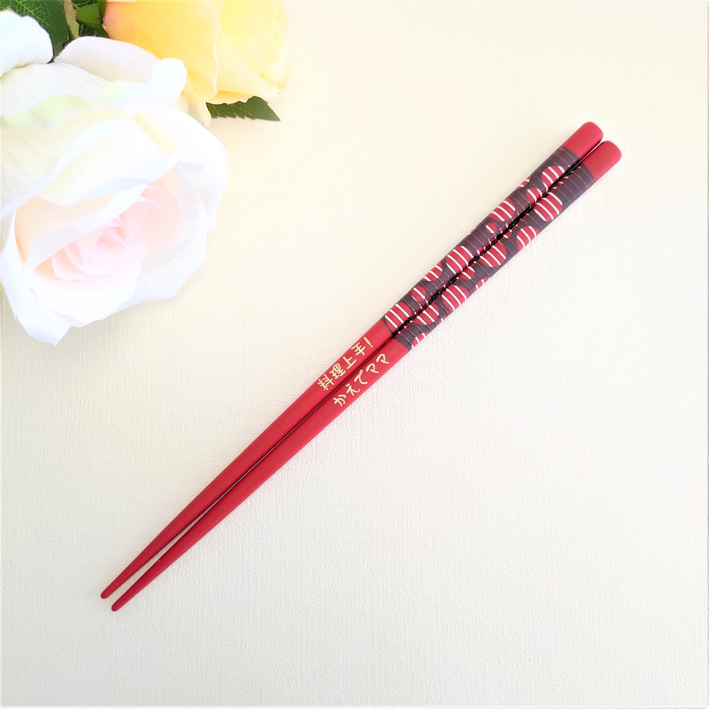 Polka dots original design Japanese chopsticks black red - DOUBLE PAIR WITH ENGRAVED WOODEN BOX SET