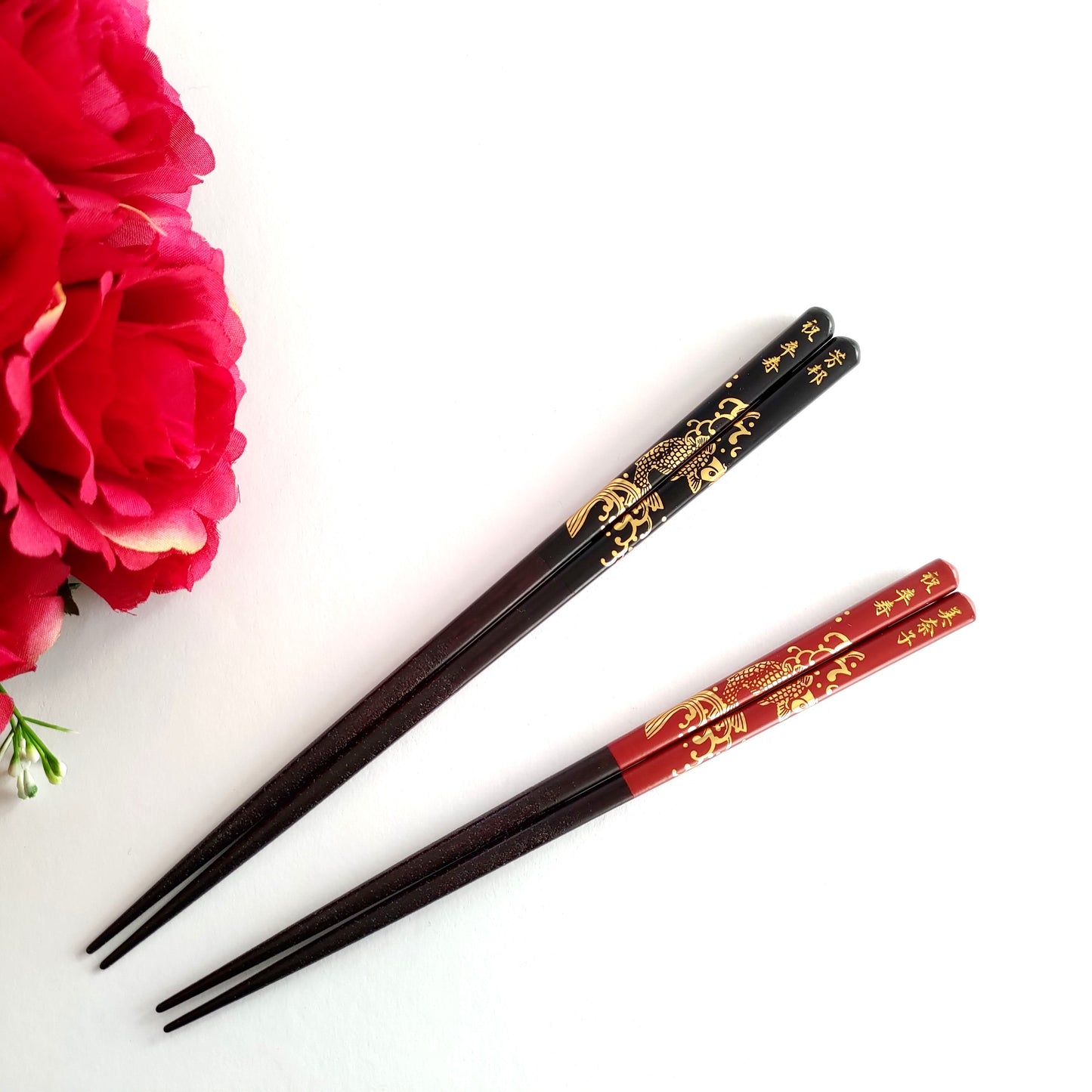 Golden legendary carp Japanese chopsticks black red - SINGLE PAIR WITH ENGRAVED WOODEN BOX SET