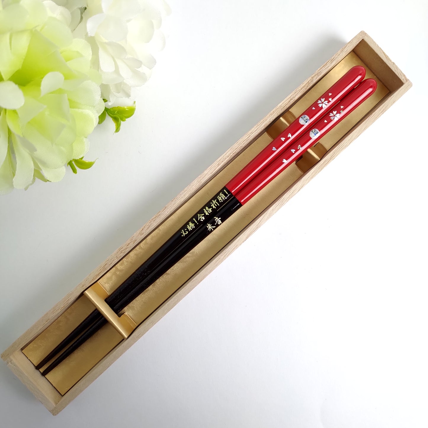 Lucky charm Daruma Japanese chopsticks white red - SINGLE PAIR WITH ENGRAVED WOODEN BOX SET